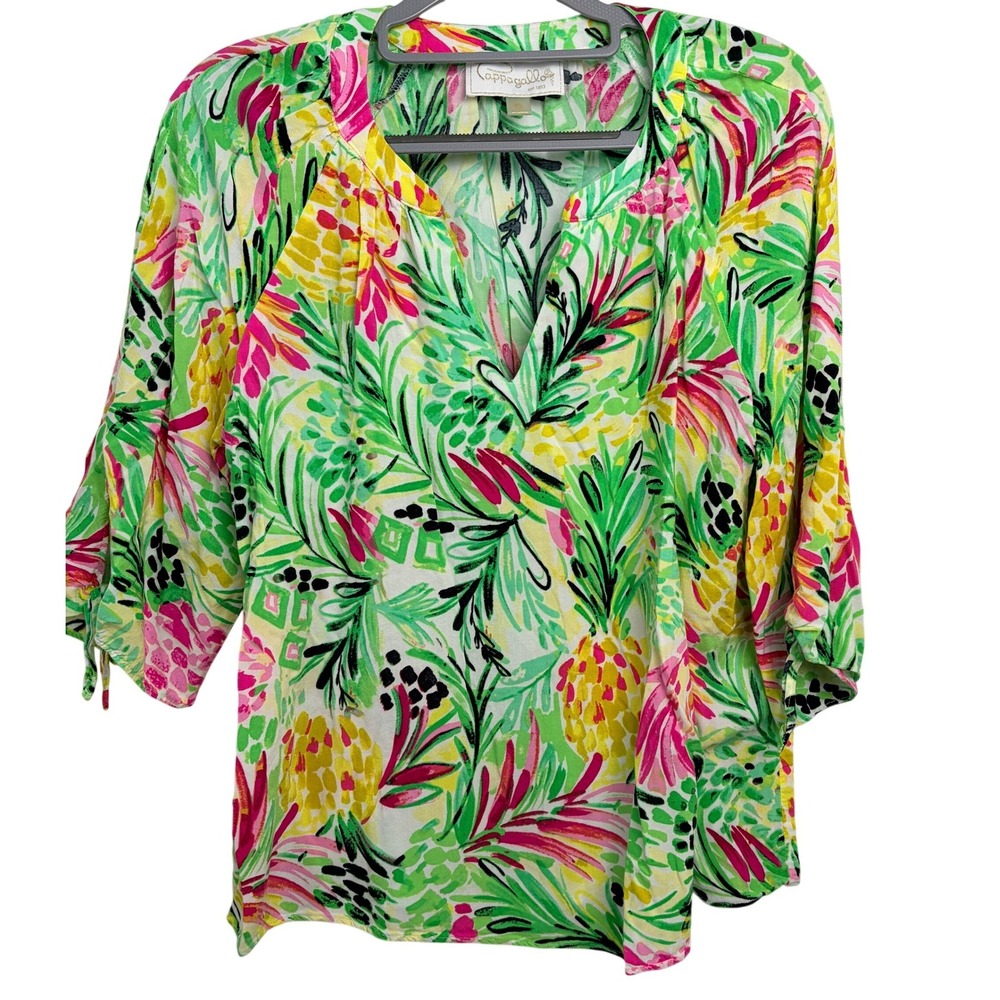 Pappagallo Tropical Pineapple Blouse PL Green Pink Excellent‎
